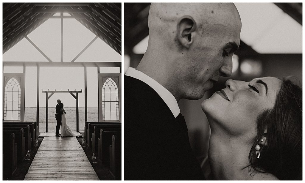 bride and groom kisses in chapel