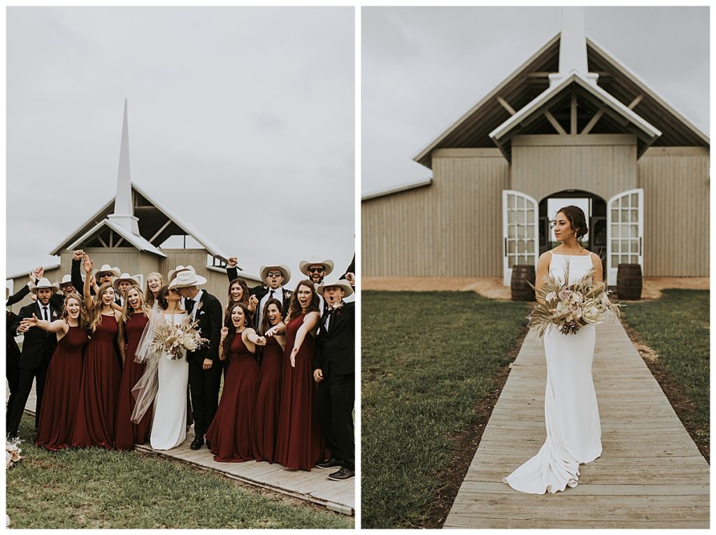 bride standing in front of allen farmhaus with modern bouquet