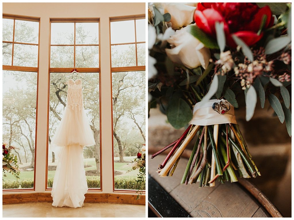 bridal dress hanging and bouquet with special detail 