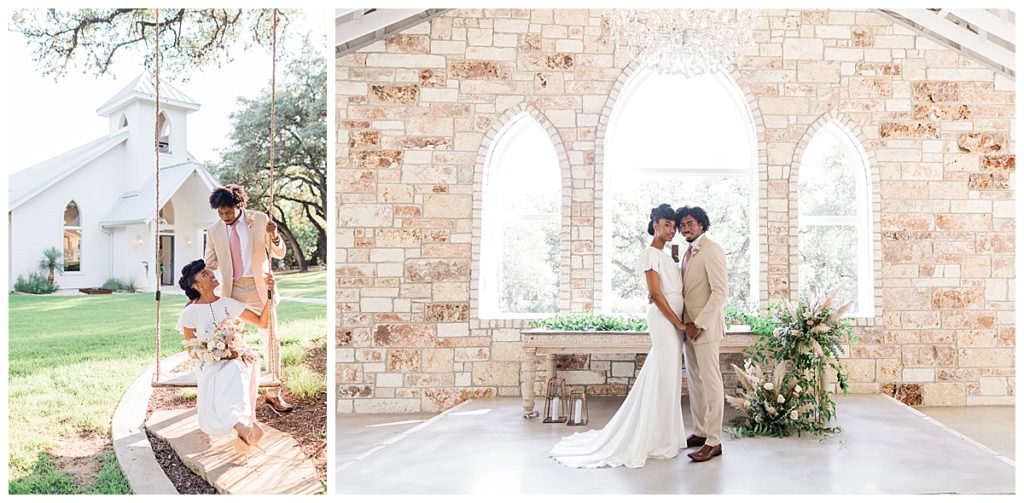 bride and groom in front of chapel for wedding at The Chandelier of Gruene