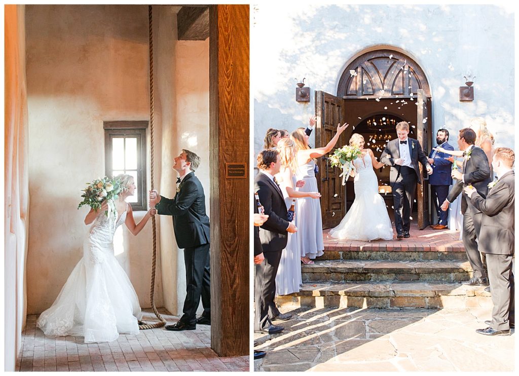 bride and groom ringing the chapel bell at Lost Mission