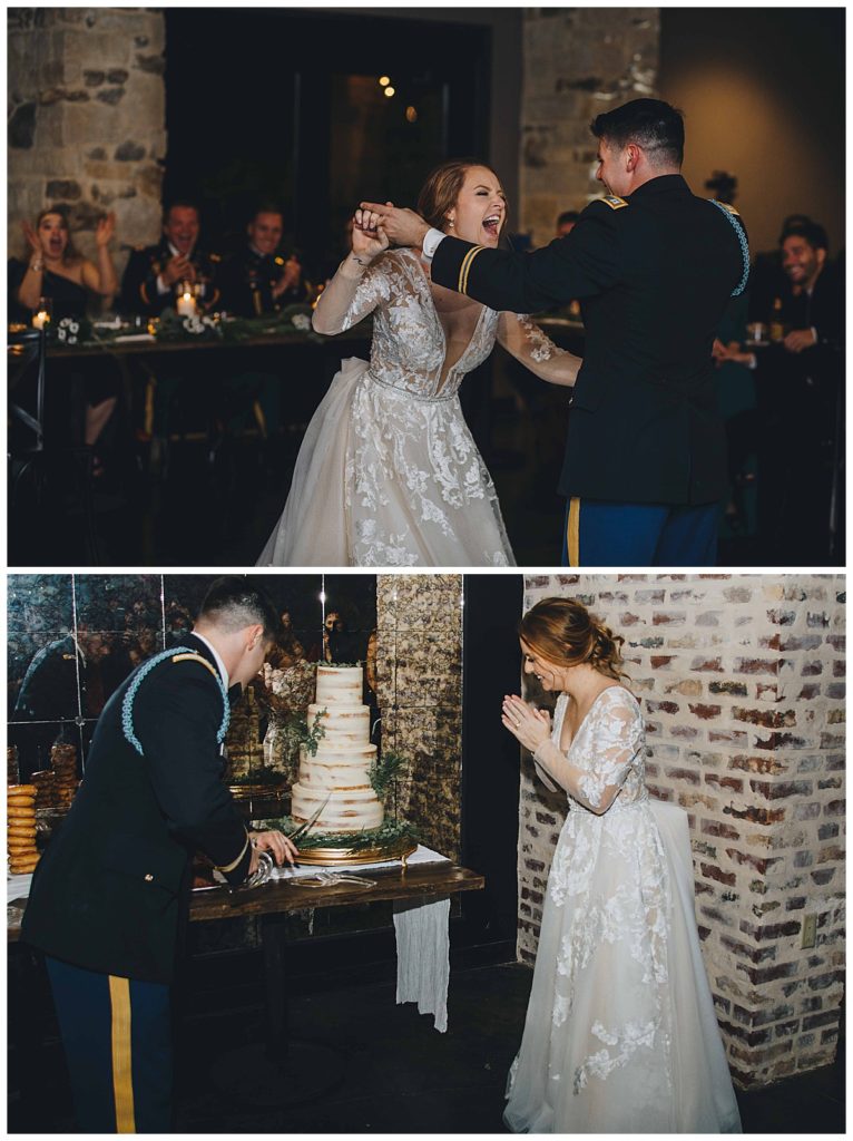 bride and groom dancing and laughing