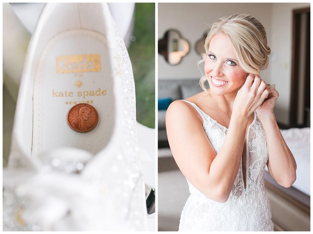 bride getting ready and penny in her shoe