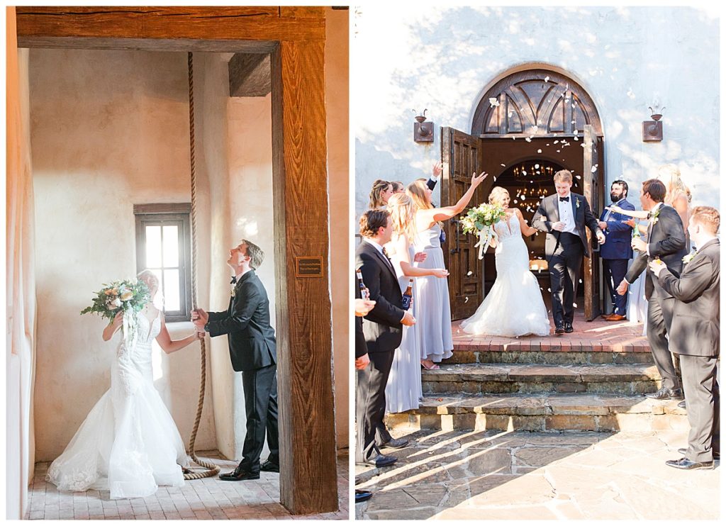 bride and groom ringing chapel bell at lost mission