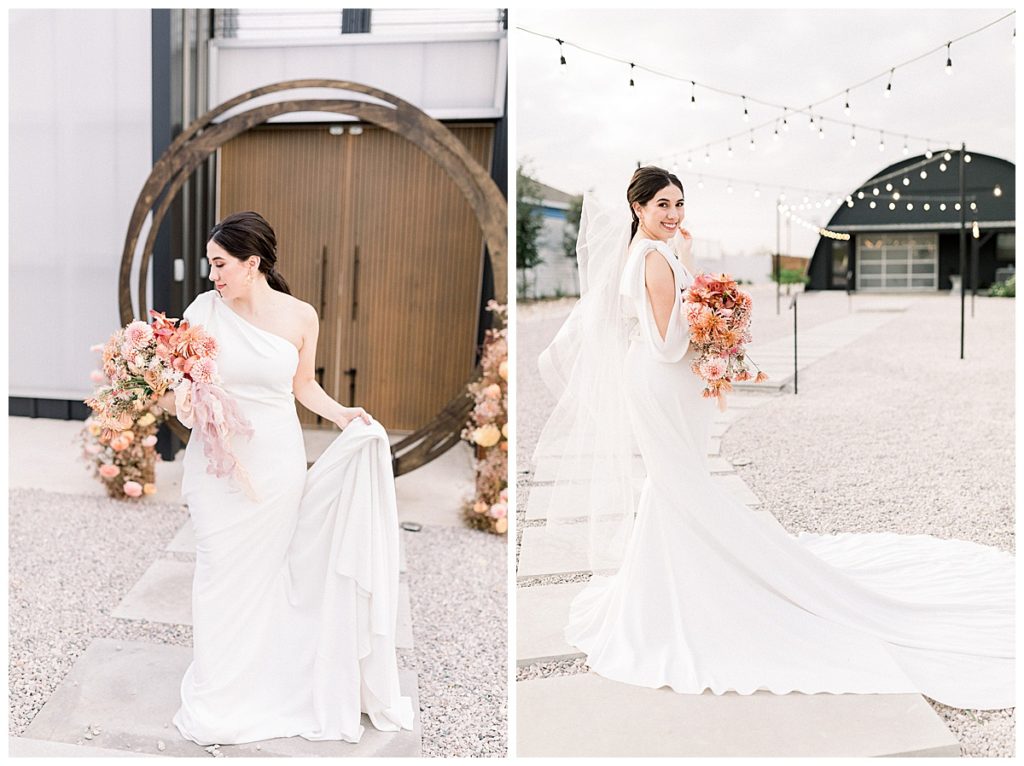 bride in front of Camino Real Ranch in Dale, TX