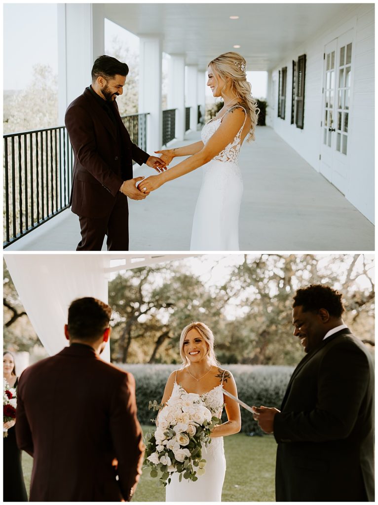 bride and groom first look and wedding ceremony