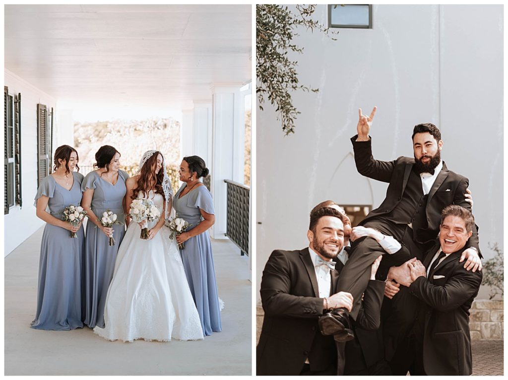 bride with bridesmaids and groom with groomsmen 