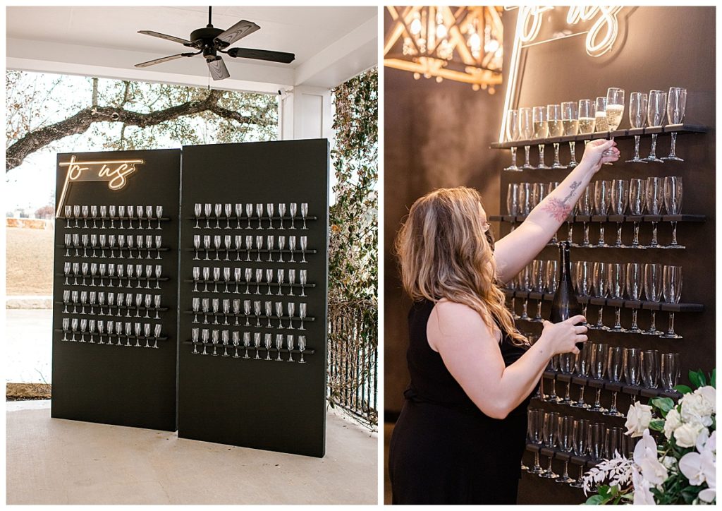 champagne wall with neon sign, modern wedding decor