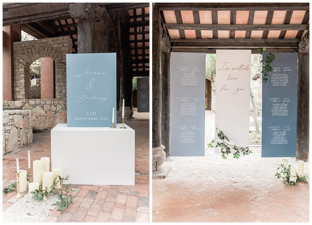 blue and white seating chart and welcome sign by san antonio wedding planners