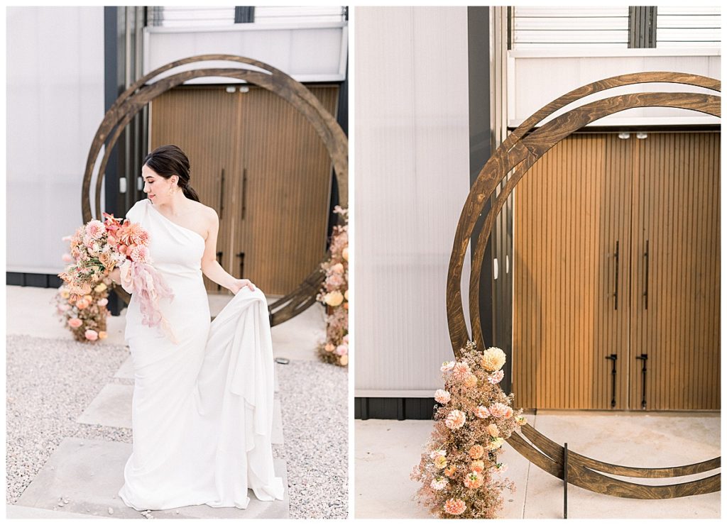 bride with bouquet in front of circle arch in Austin, TX