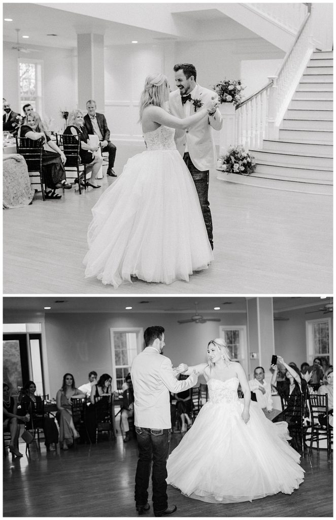 bride and groom first dance in black and white