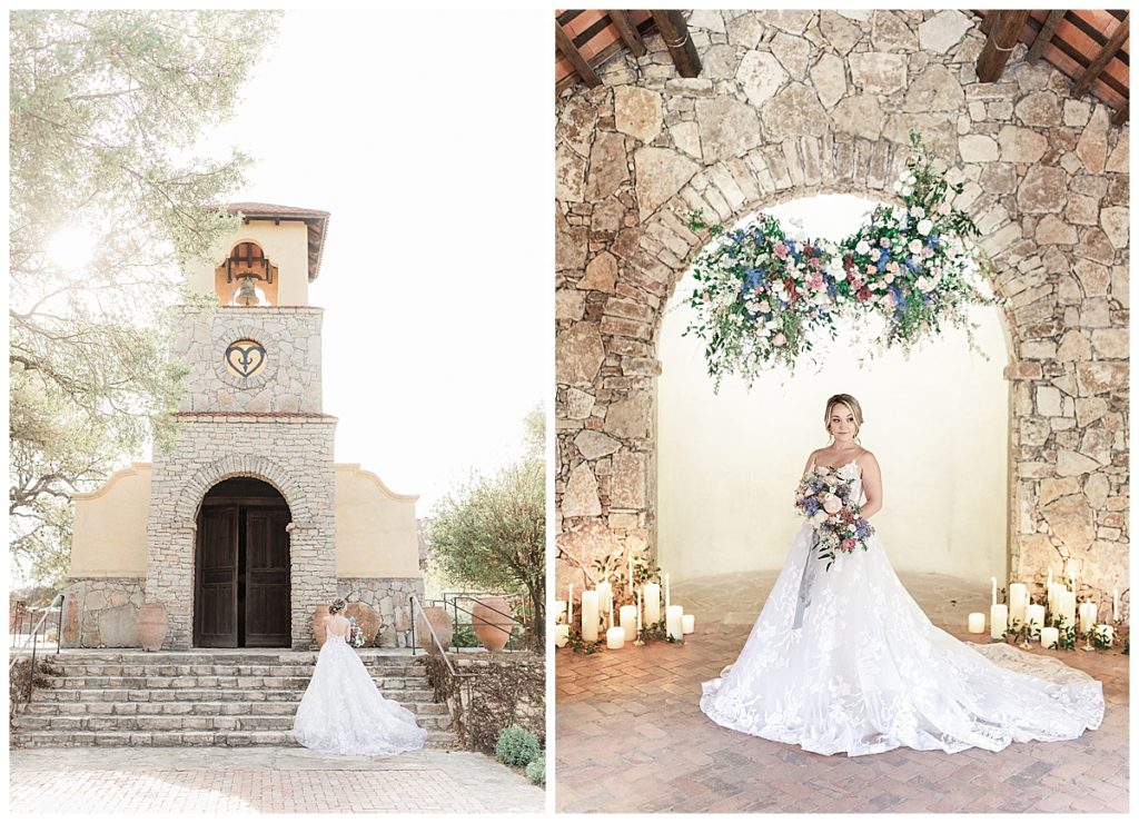 bride wears Monique Lhuillier gown at Camp Lucy wedding venue