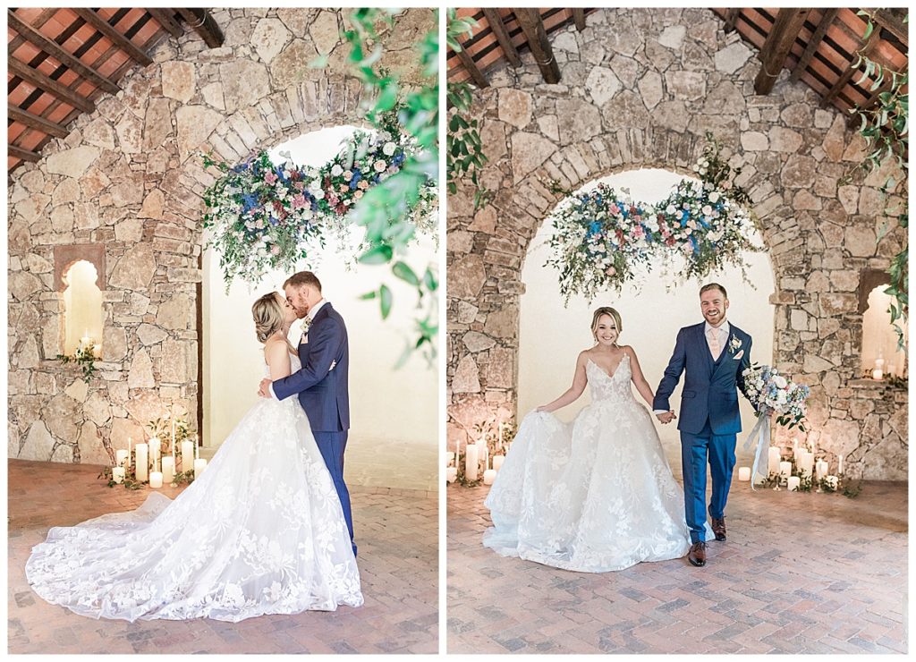 bride and groom kiss inside chapel at Camp Lucy