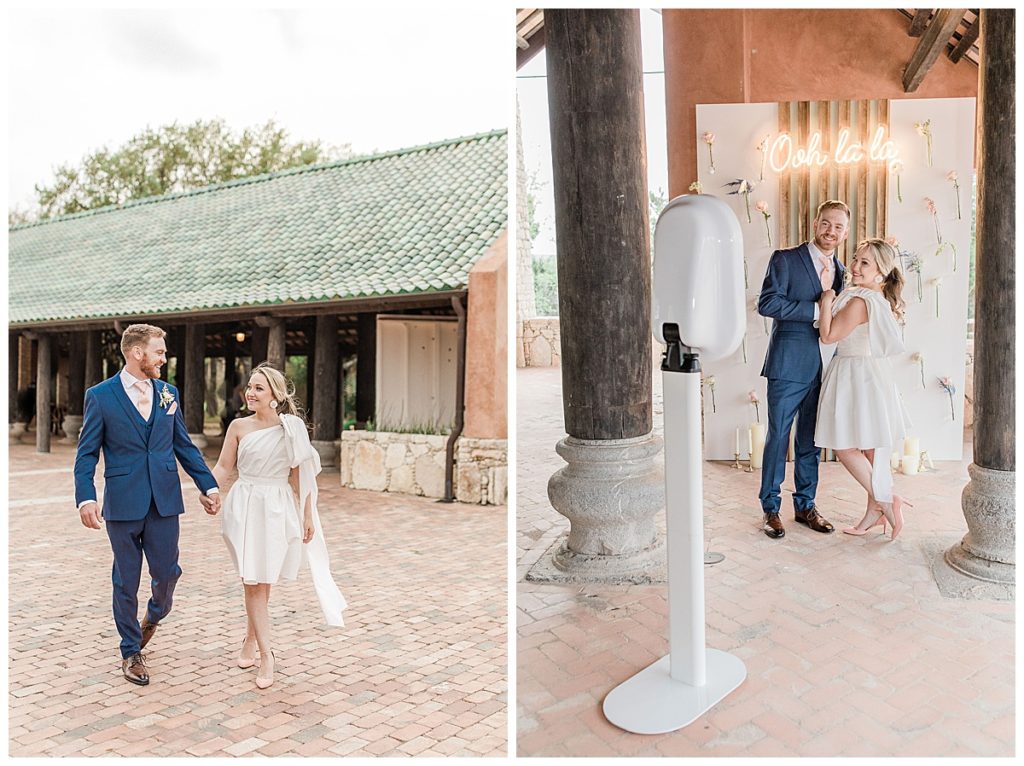 bride and groom with photo backdrop in Hill Country