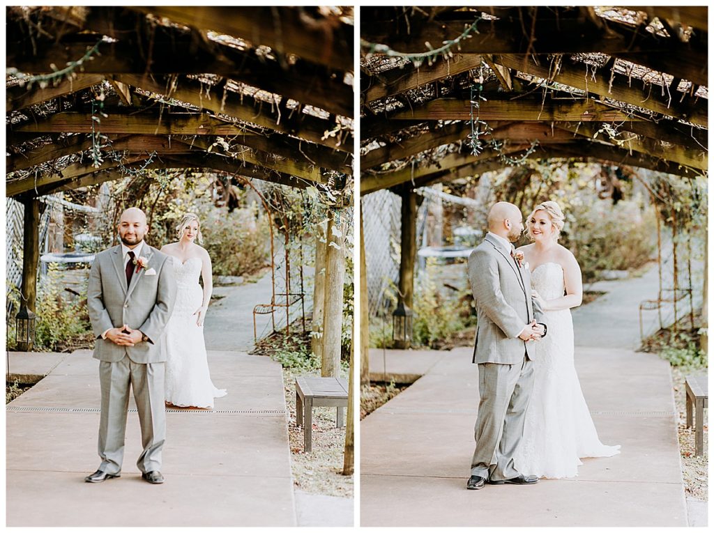 bride and groom have first look at San Antonio wedding venue 