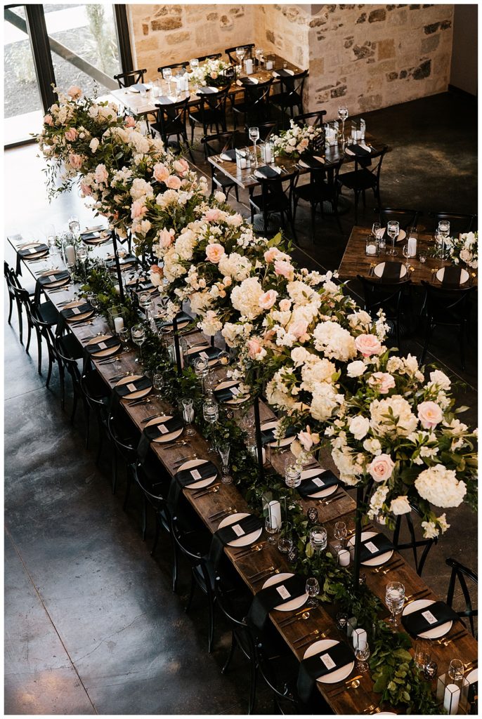 overhead floral installation for boerne wedding venue reception