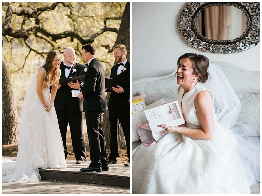 brides laughing on wedding day