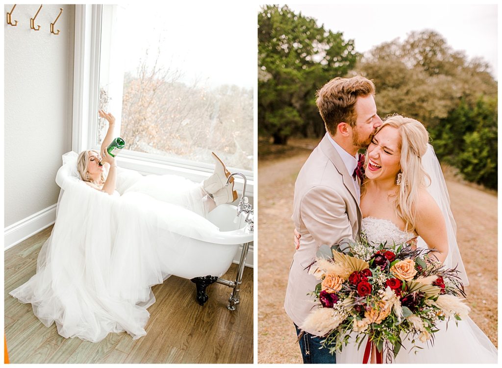 bride laughing and drinking champagne