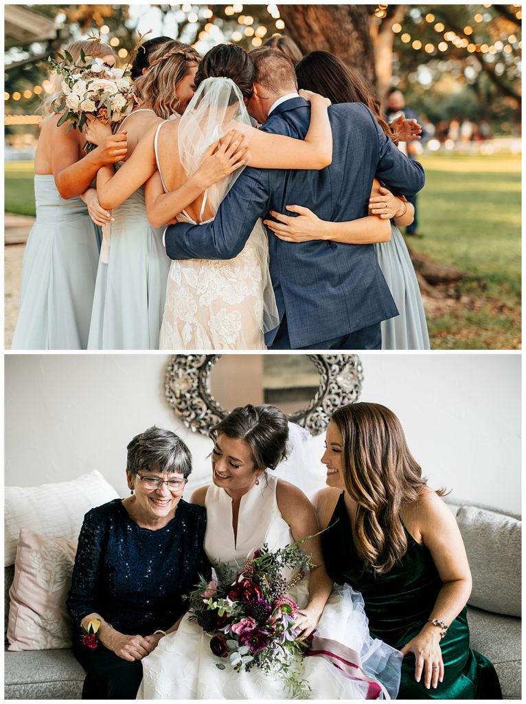 family and friends embrace with bride and groom