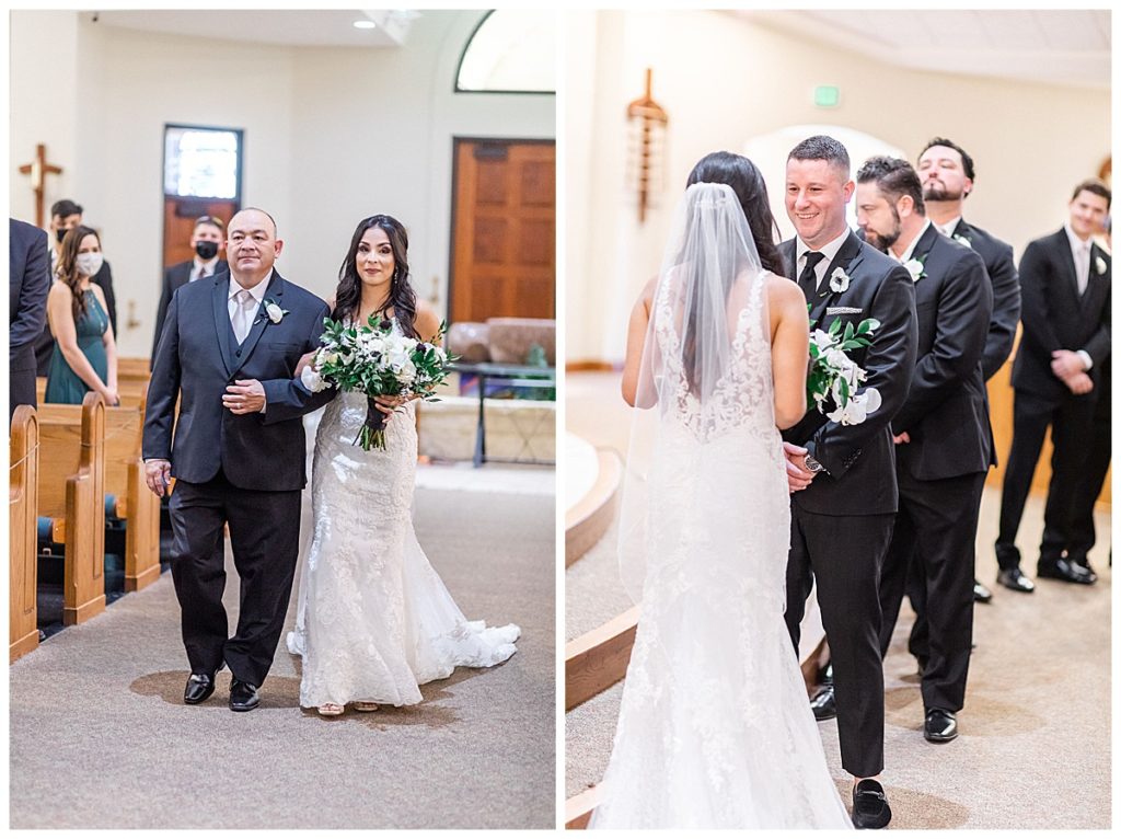 bride walking down ceremony aisle with father