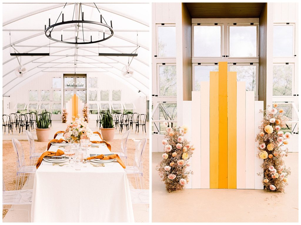 bright wedding design at Austin greenhouse venue