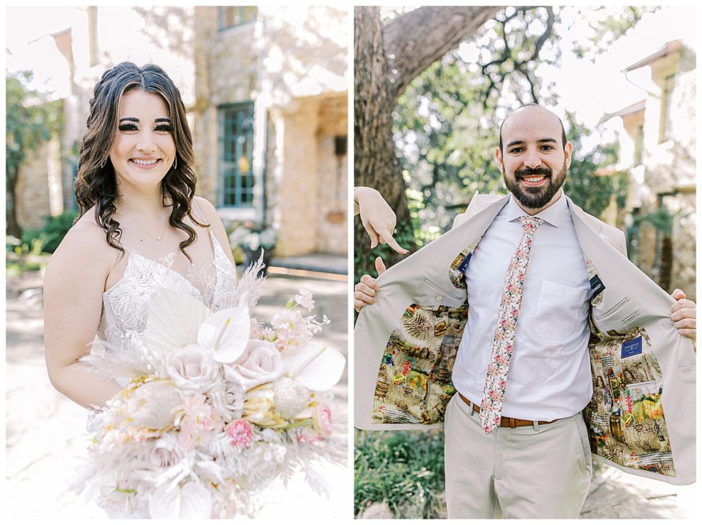 bride with bouquet and groom with specialty tux