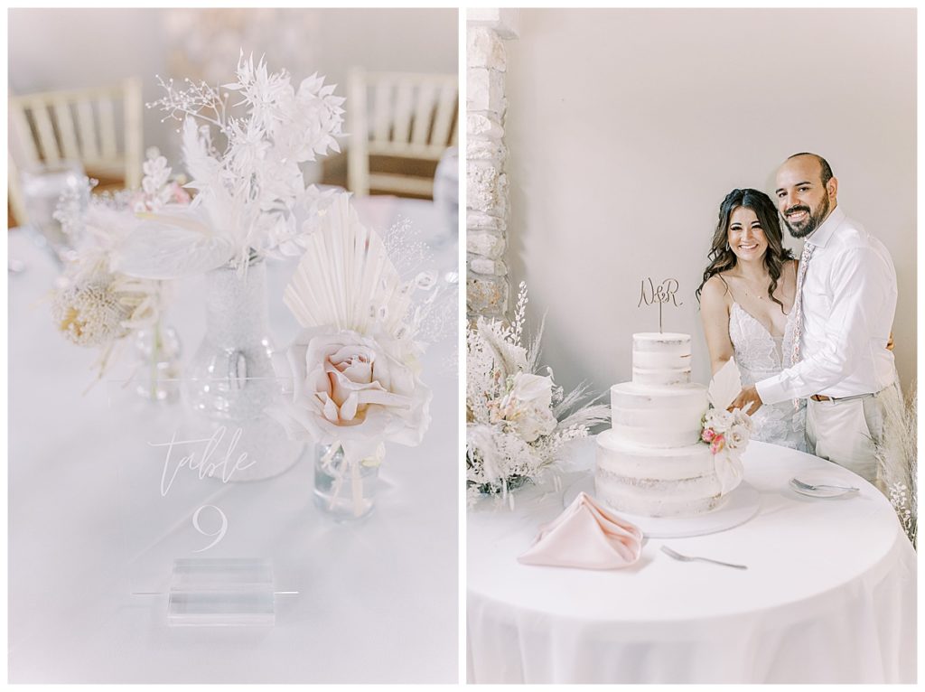 bride and groom cut cake during brunch wedding