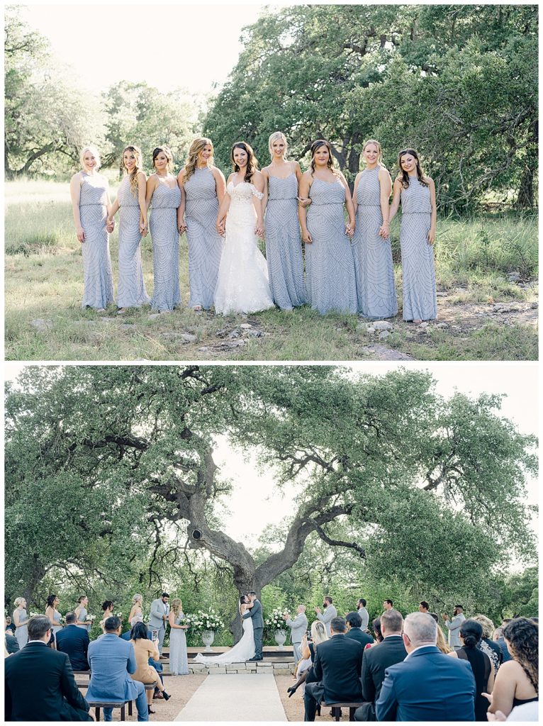 bride and silver bridesmaid dresses