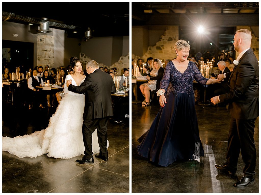 bride dancing with dad and groom dancing with mom