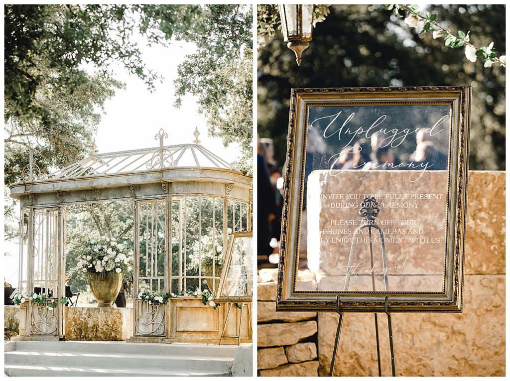 wedding ceremony decor with unplugged ceremony sign