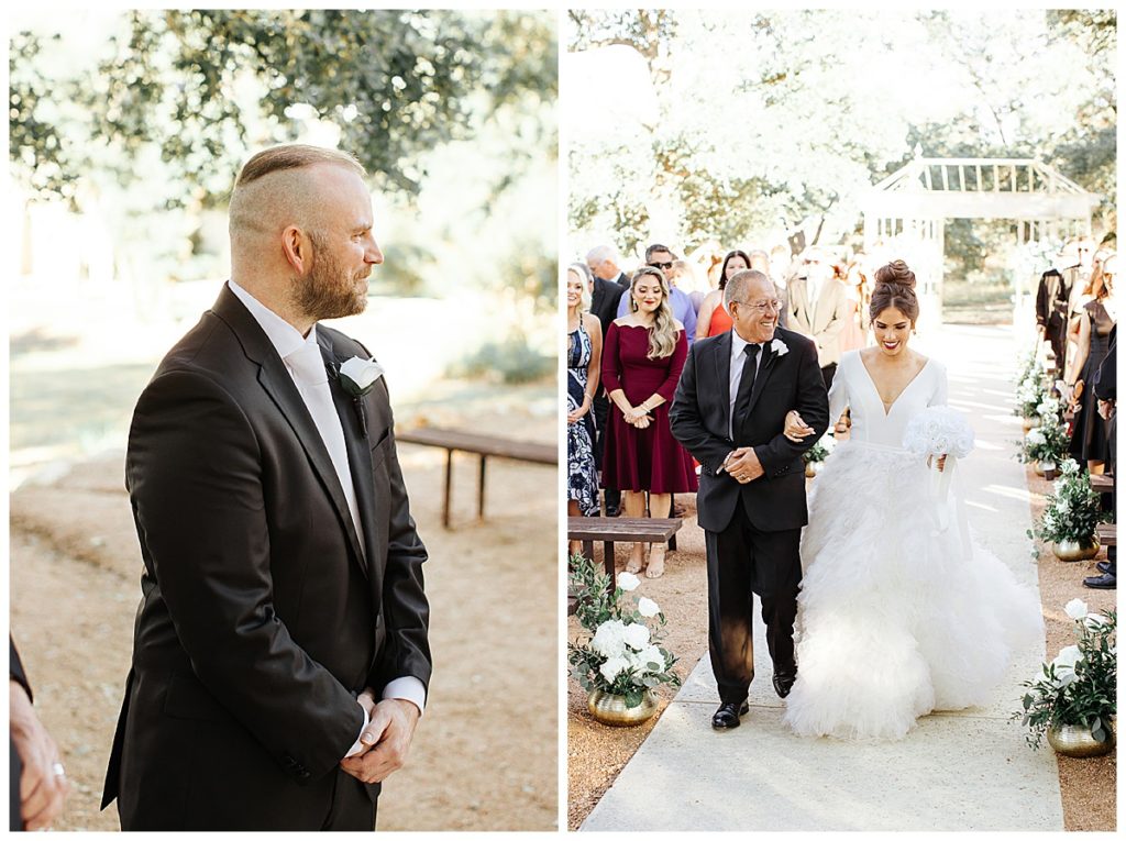 bride walking down the aisle with father and groom looking on