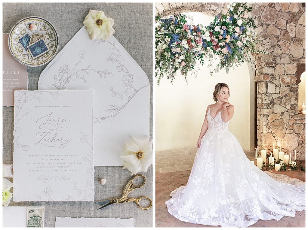 bride standing under hanging floral installation