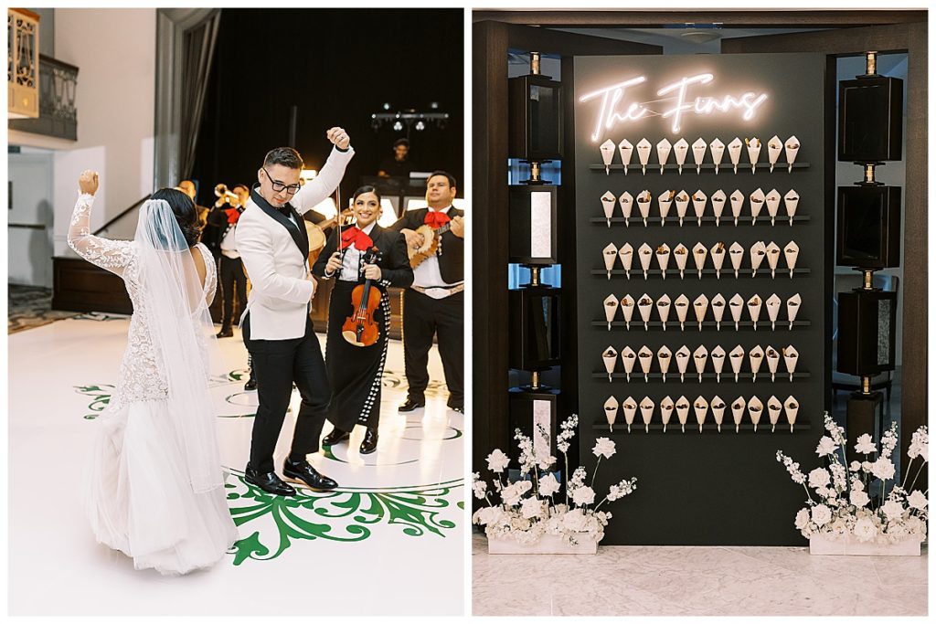 bride and groom dance with mariachis in San Antonio