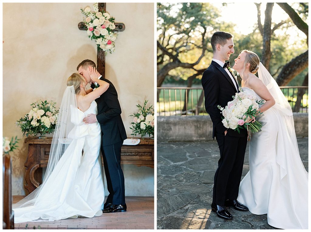 bride and groom kiss and laugh after ceremony