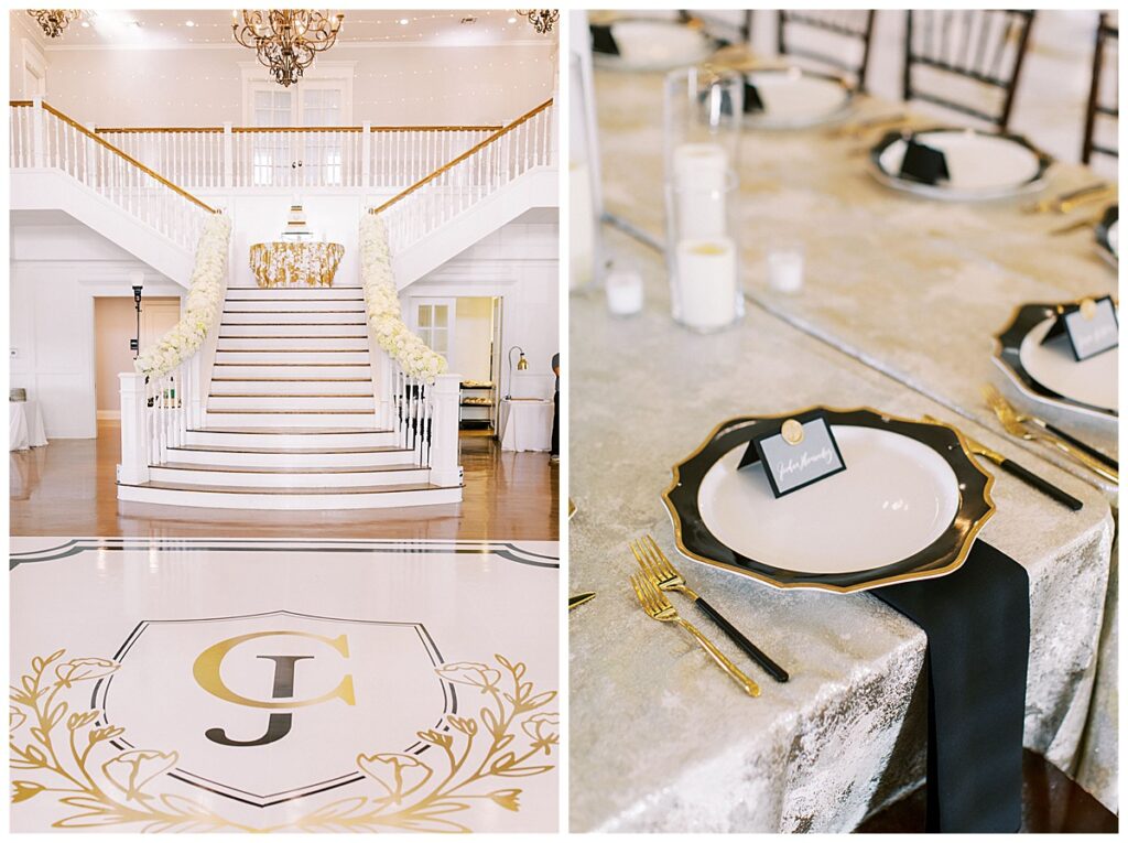 floral garland on indoor staircase at Kendall Point wedding venue